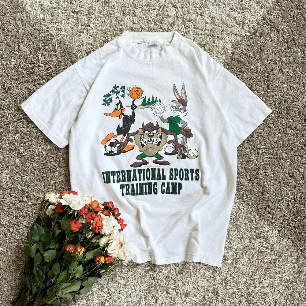 Vintage 1995 Looney Tunes White T-Shirt Single Stitch Velva Sheen Taz USA Tee L